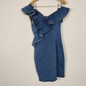 Bebe Women's Dress Size 4 Denim Blue Asymmetrical Mini Bodycon Ruffled Summer